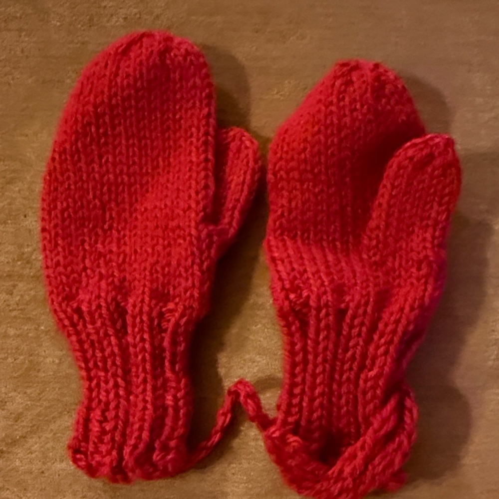 Hand-Knit Bright Red Wool Mittens